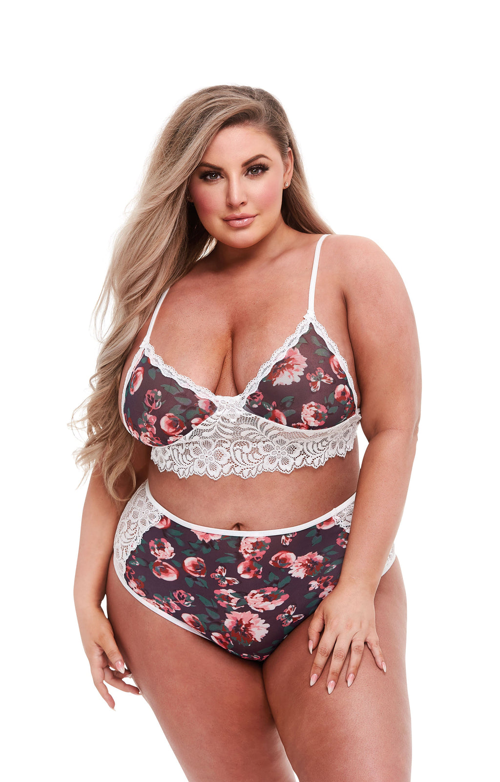 Completo reggiseno floreale grigio e pizzo, XL